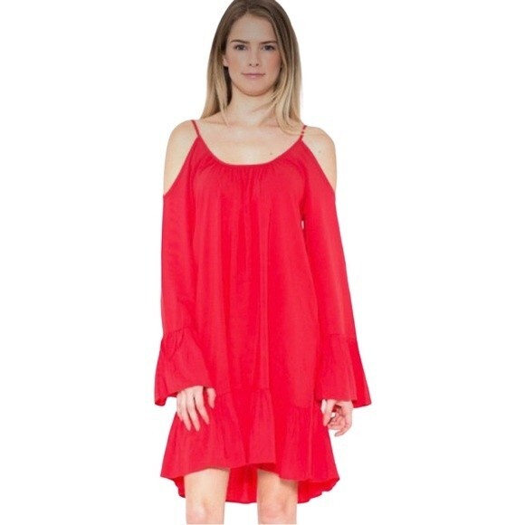 Long bell sleeve pink cold shoulder ruffle dress size medium - Picture 1 of 5